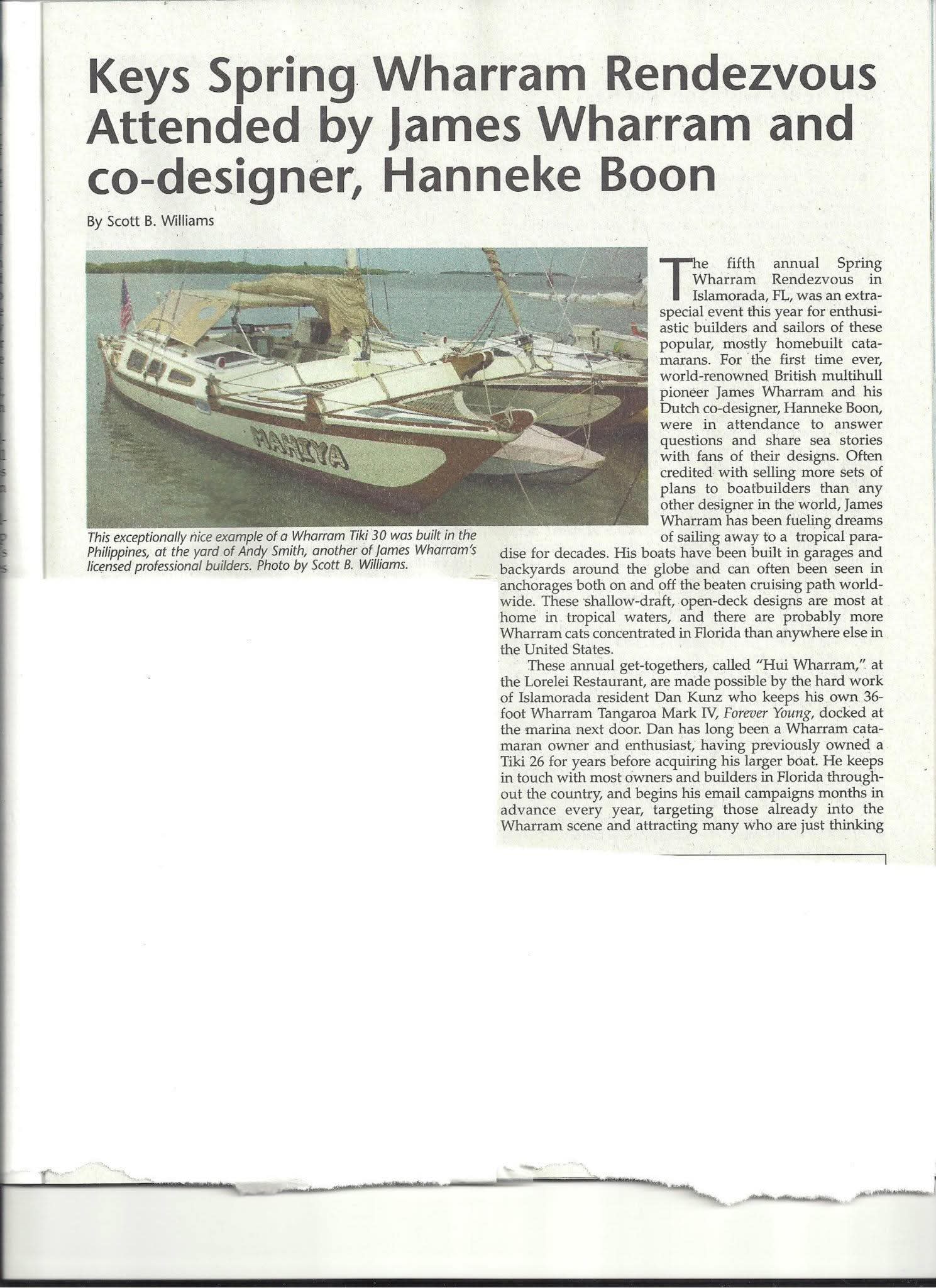 Magazine article about the Keys Spring Wharram Rendezvous featuring the Mahiya — a Wharram Tiki 30 catamaran built in the Philippines